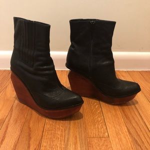 Black Leather and Wooden Ankle Boots